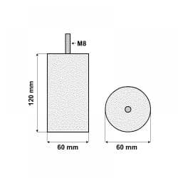 Stalen meubelpoot chroom rond ø 6 cm en hoogte 12 cm  (M8) 